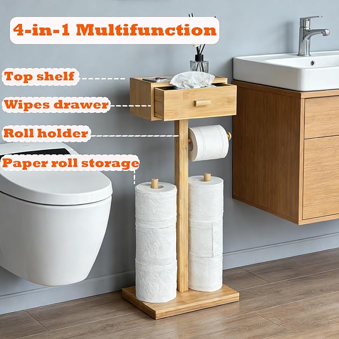 Freestanding Bathroom Toilet Paper Holder Stand with Shelf, Bamboo Toilet Paper Roll Holder with Wet Wipes Storage Drawer(Natural)