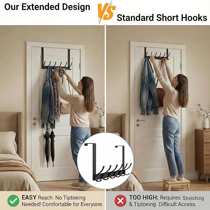 Peasulin Large Over The Door Hooks, Sturdy Door Hanger with 12 Hooks, Door Towel Rack for Bathroom, Bedroom, Kitchen, Coat Rack for Hanging, Easy to Install (Black)