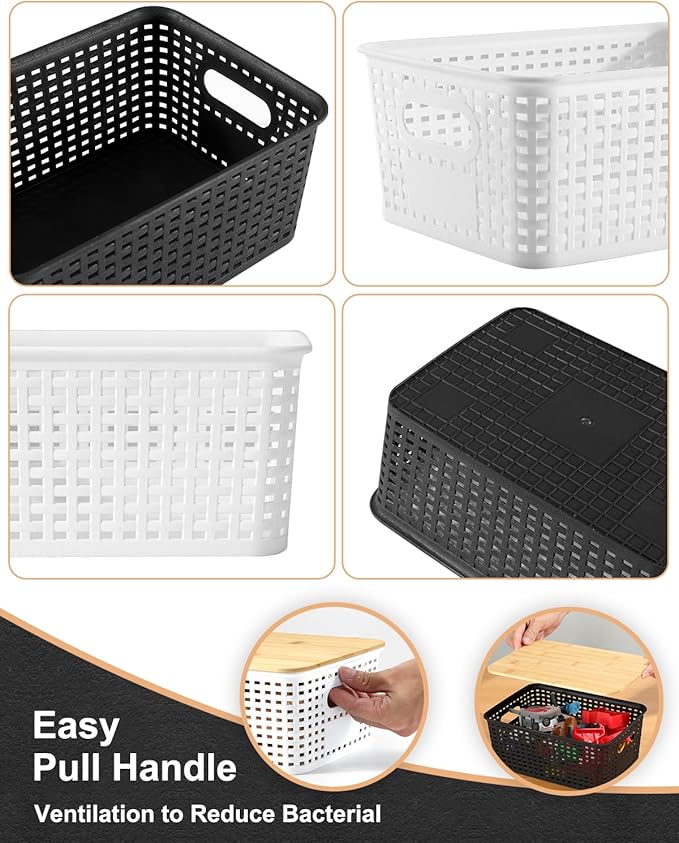 EOENVIVS Plastic Storage Baskets with Bamboo Lids for Pantry Organization and Storage Containers Bins for Shelves Drawers Desktop Closet Playroom Classroom Office Home, 6 Pack,White