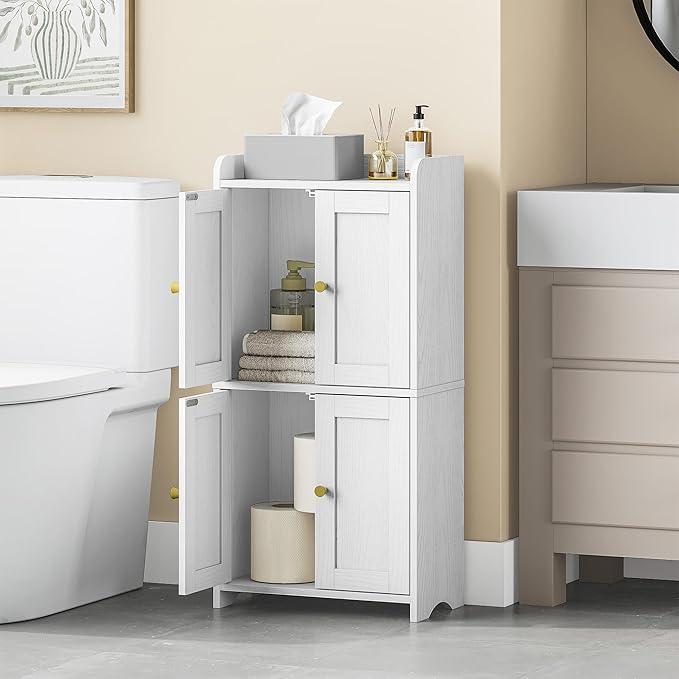 HEXCELEN Small Storage Cabinet, Bathroom Storage Cabinet with 4 Doors, Floor Bathroom Organizer Freestanding for Small Spaces, Living Room, Kitchen, Entryway (Streamlined American, White)