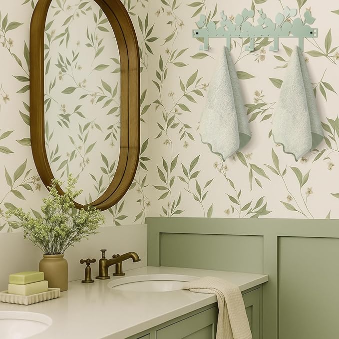 AceOrbit Eucalyptus Green Over The Door Hooks Hanger Wall Mount Towel Hanger Door Holder Organizer 5 Hooks Kawaii Farmhouse Rustic Coquettish Style Decor for Bedroom Bathroom Towel Hat Clothes