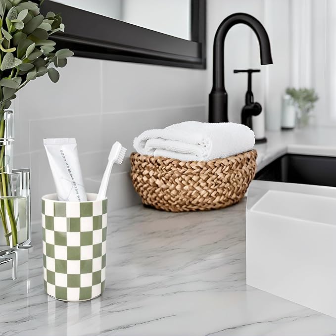 Tooth Brush Holder for Bathroom, Green Toothbrush Holders for Bathrooms, Modern Cute Ceramic Toothbrush Caddy, Toothbrushes and Toothpaste Cup for Bath Room Countertop Storage,Sage Green Decor