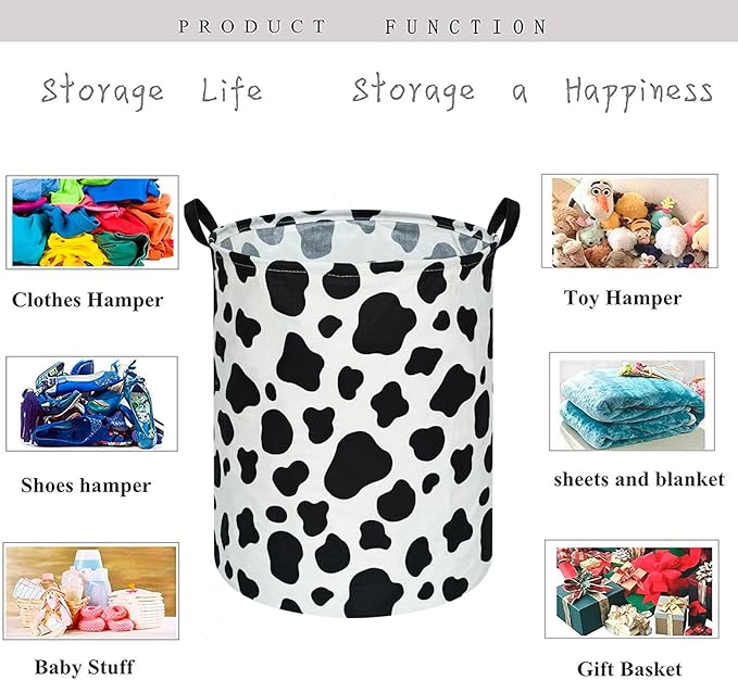 Kids Laundry Hamper Clothes Gift Basket Storage Laundry Baskets Organizer Bin with Handles for Nursery Room (Rould Cow pattern)