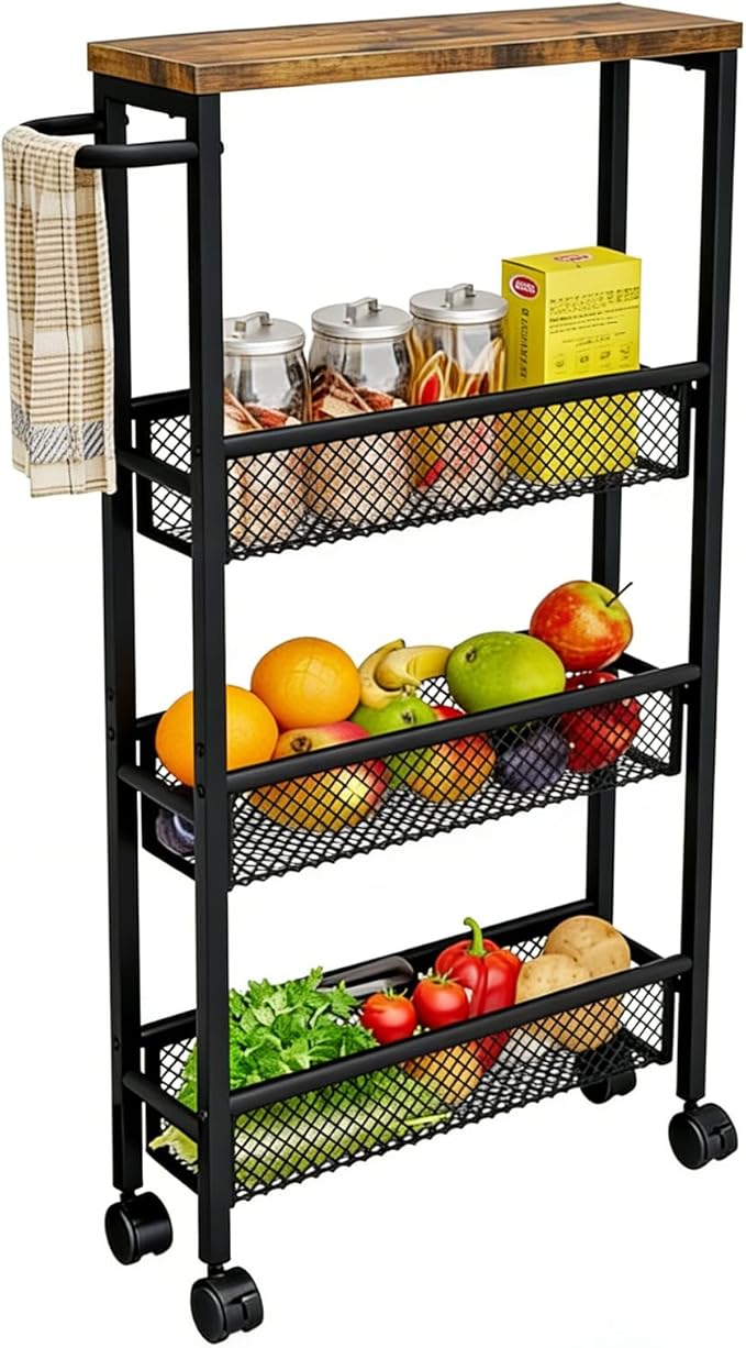 AZERPIAN Slim Rolling Cart 4 Tier Narrow Storage Cart on Wheels with MDF Board Top and Metal Handle for Small Space Kitchen Living Room Home Office Pantry Bathroom Laundry Room(16.54×5.12×30.31 inch)