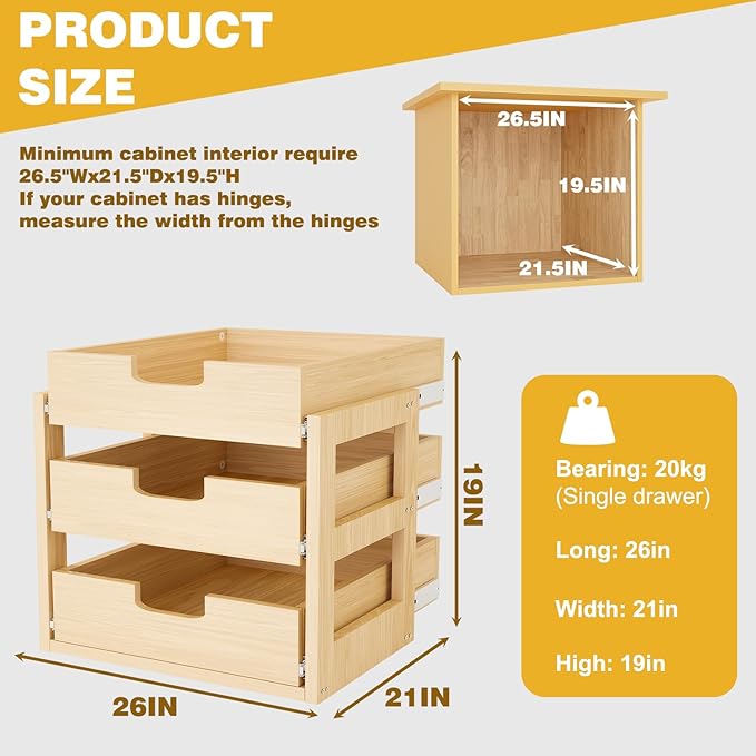 Pull Out Cabinet Organizer, 26''W×21''D×19''H Soft Close Slide Out Wooden Pull out Drawers, Three Tier Slide out Wood Cabinet Organizer, for Base Cabinet Organization in Kitchen, Pantry, Bathroom