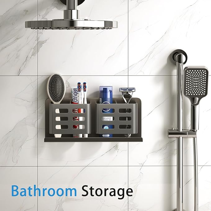 Aluminum Toothbrush Holder Self-Adhesive Hanging Bracket Shower Toothbrush Razor Holder Suitable for Toothbrush, Toothpaste, Razor and Comb etc Bathroom Storage