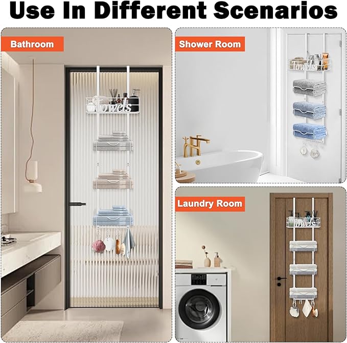 Over The Door Towel Racks, No Drill Towel Storage with Basket & Hooks, Space-Saving Multi-Functional Towel Holder for Bathrooms, bedrooms, Apartments, RVs (White, 5 Tier)