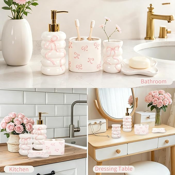 JarThenaAMCS 4Pcs Pink 3D Bow Bathroom Accessories Coquette Ceramic Liquid Dispenser Toothbrush Holder Tumbler Soap Dish for Valentine's Day Home Vanity Decor