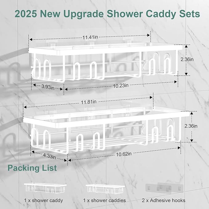 Getsrichfc Shower Caddy Adhesive, Rustproof Shower Shelves for Inside Shower, Large Capacity Bathroom Organizers and Storage, Shower Storage with Removable Hooks, No Drill Bathroom Accessories White