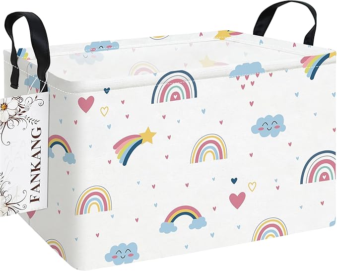 Storage Bins, Nursery Hamper Canvas Laundry Basket Foldable with Waterproof PE Coating Large Storage Baskets for Kids Boys and Girls, Office, Bedroom, Clothes,Toys(Rec-Love Rainbow）