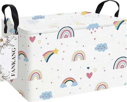 Storage Bins, Nursery Hamper Canvas Laundry Basket Foldable with Waterproof PE Coating Large Storage Baskets for Kids Boys and Girls, Office, Bedroom, Clothes,Toys(Rec-Love Rainbow）