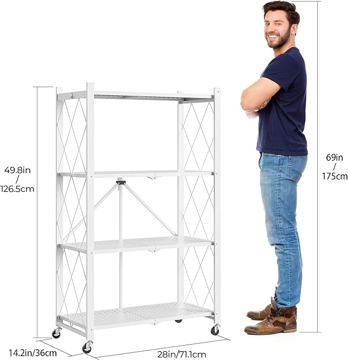 Foldable Metal Storage Shelf with Wheels 4 Tier Heavy Duty Utility Rack 750lbs Capacity Easy Assembly Portable Black Shelving Unit for Kitchen Garage Living Room Office(White-A, 4-Tier)