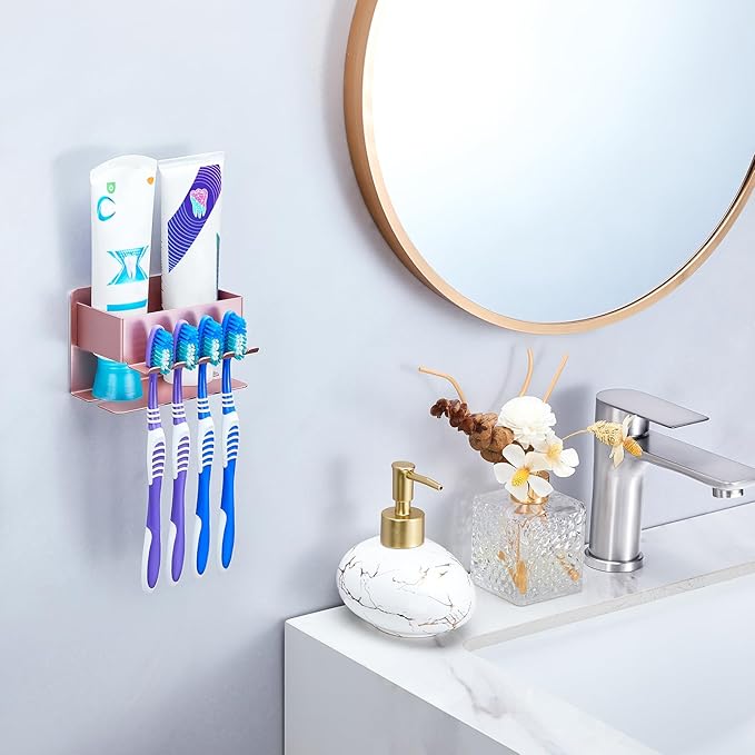 Toothbrush Head Holders, Electric Tooth Brush Head Holder, Adhesive Toothpaste Holder for Shower Bathrooms, Wall Mounted Tooth Brushing Holder Organizer Storage (Rose Gold, Small)