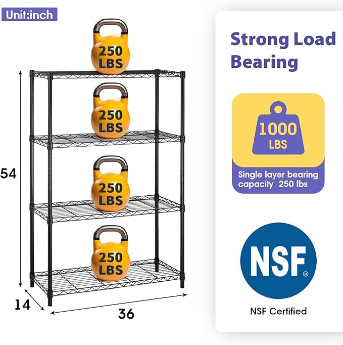 Heavy Duty 4-Tier Wire Shelving Unit – NSF Certified Adjustable Metal Storage Rack for Kitchen, Garage, Pantry – 1000 lbs Capacity – 36" W x 14" D x 54" H ﻿
