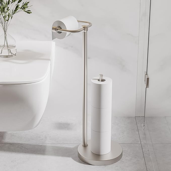 RARXTR Toilet Paper Holder Stand, Post Pivoting Design Free Standing Toilet Paper Holder with Storage for 4 Rolls, SUS304 Stainless Steel Tissue Holder with Reserve, Heavy-Duty Base (Brushed Nickel)