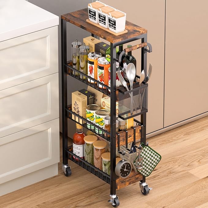 DTUQYX Slim Rolling Storage Cart, 4 Tier Small Organizer Cart with Wheels, Metal Utility Shelf Kitchen Bathroom Laundry Room Organization Trolley with Handle for Narrow Space (9.1" Overall Width)