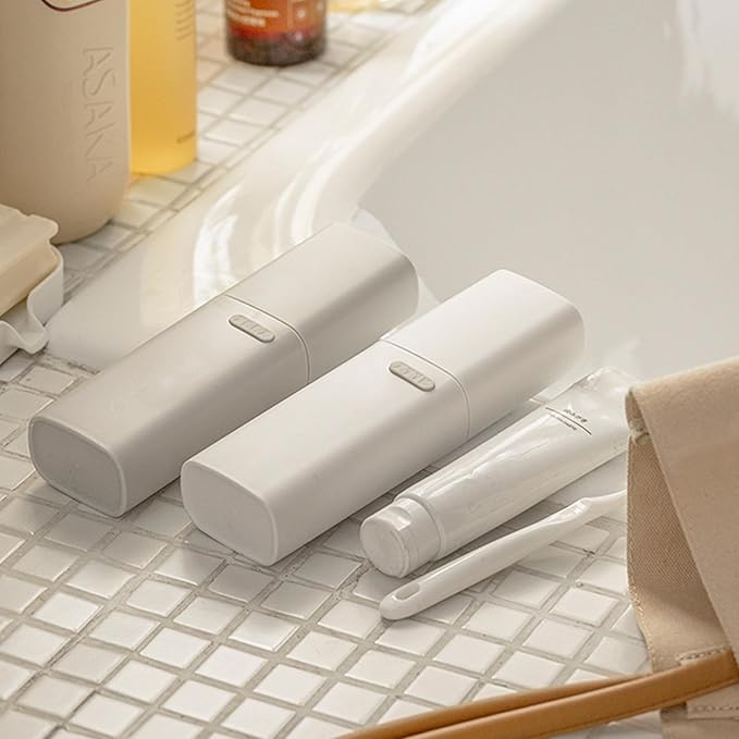 HyJeryty Ventilated Compact Grey Toothbrush Travel Case, Portable Toothbrush & Toothpaste Holder Cover Organizer Container with Mouthwash Cup for School, Camping, Business Trip, Bathroom Storage