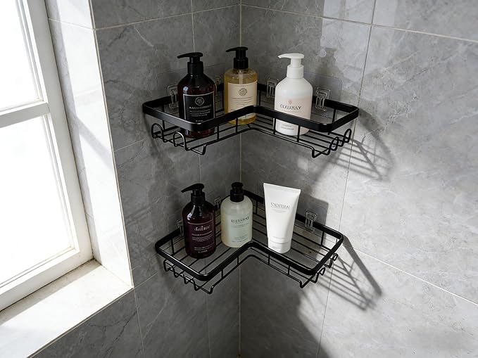 Shower Caddy 2 Pack, No Drilling Adhesive Bathroom Organizer Shelf Rack, Corner Shower Shelf with Hooks for Home Decor & Storage (Black)