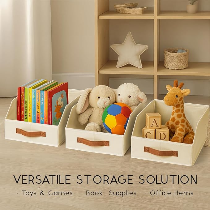 Homsorout Fabric Storage Bins for Organizing - 4 Pack Large Trapezoid Collapsible Storage Bins with Front Handle, Closet Organizers and Storage for Bedroom, Home Shelves, Small Spaces, Beige