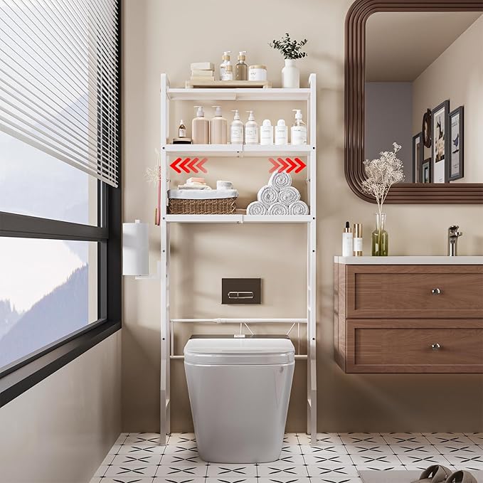 Over the Toilet Storage Shelf 3-Tier Adjustable Bathroom Organizers and Storage Shelves Bathroom Rack Above Toilet Storage with Paper Holder and 4 Hooks Space Saver Storage for Laundry
