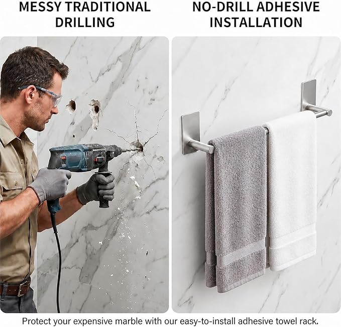 Adhesive Bath Towel Bar 24-inch, No Drill Stick On Towel Rack, Easy Install with Self-Adhesive, Premium SUS304 Stainless Steel (Brush Nickle, 24)