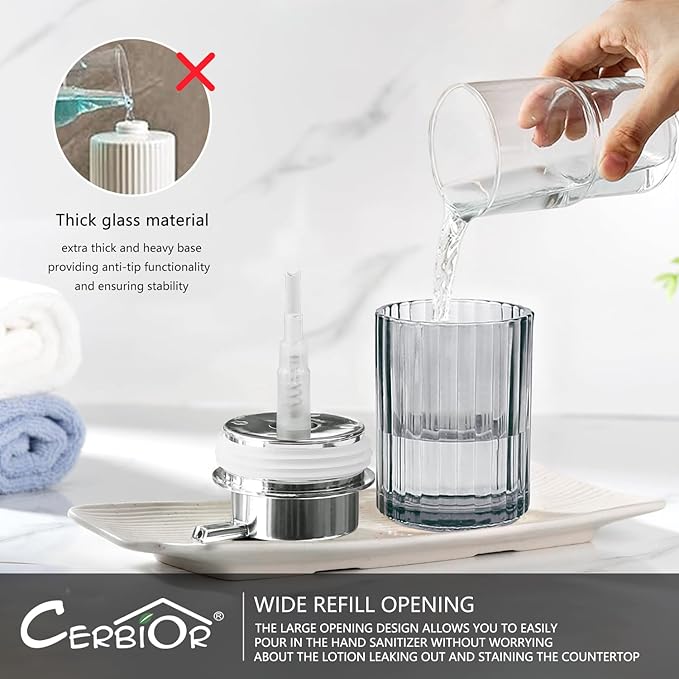 CERBIOR Bathroom Accessories Set, 4 Pcs Glass Accessories Sets Includes Soap Dispenser, Toothbrush Holder, Toothbrush Cup, Soap Dish for Decorative Countertop and Housewarming Gift,Silver Grey