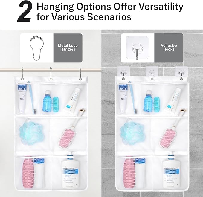 F-color Cruise Essentials 2026-7 Pockets Mesh Shower Organizer Hanging Bundle with Retractable Clothesline, Quick-Dry, Portable Toiletry Bag Travel Laundry Drying Kit for RV Hotel Camping, White