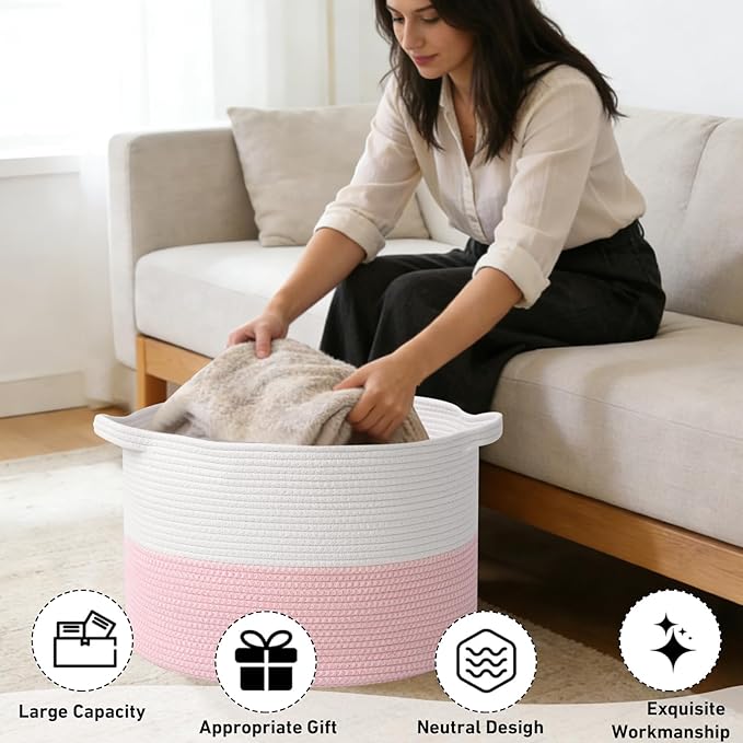 115L Extra Large Pink Woven Cotton Rope Basket with Handles, Kids Nursery Laundry Hamper for Toys, Blankets, Pillows & Comforters, Cute Storage Bin for Bedroom & Playroom