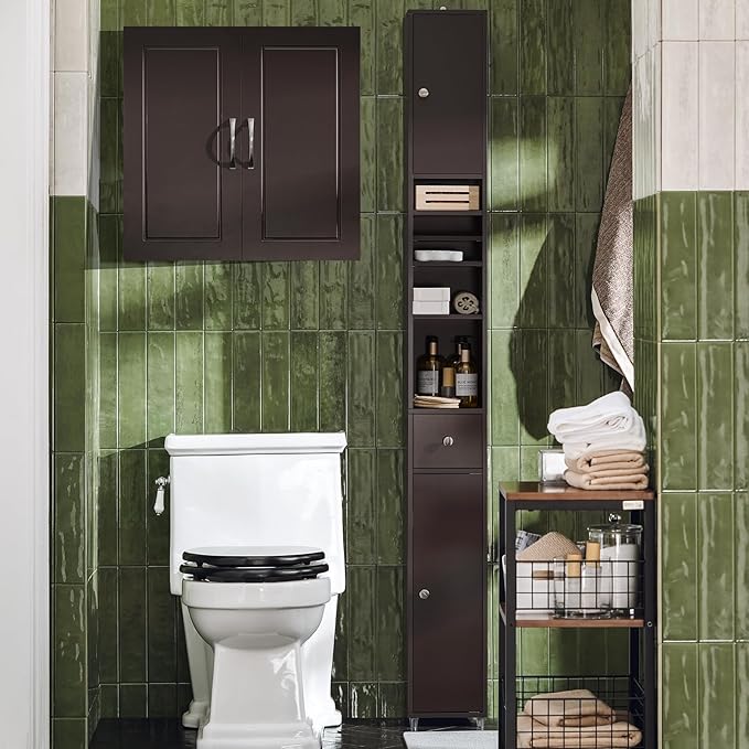 Haotian Bathroom Narrow Storage Cabinet, Skinny Tall Unit with Adjustable Shelves Slender Anti-Tipping Floor Standing Cupboard, Brown BZR34-BR
