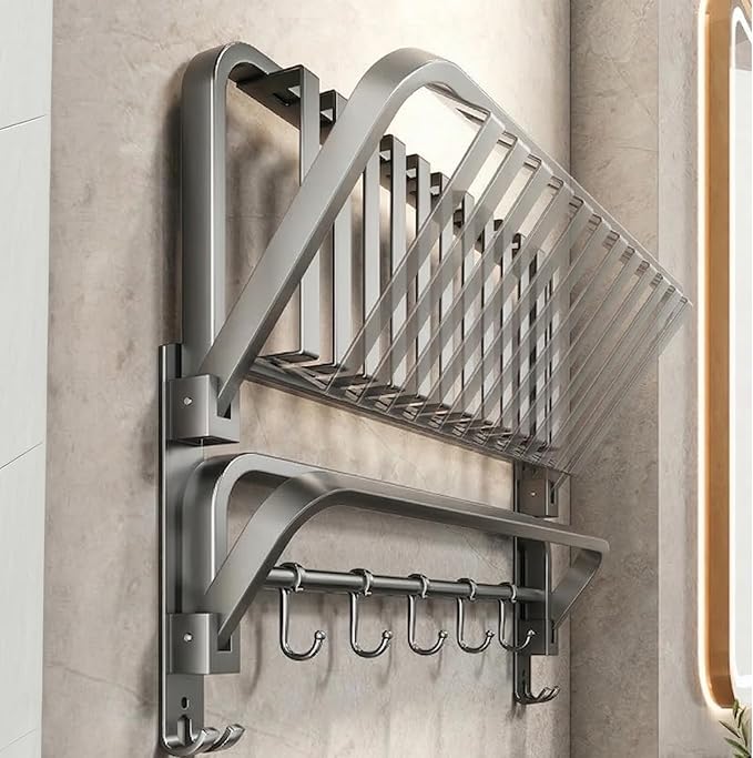 24 inch Towel Rack for Bathroom Wall Mounted, 2 Tier Foldable Bathroom Shelf with Tower Bars, Sturdy&Durable Aluminum Bath Towel Holder Lavatory Storage Organizer