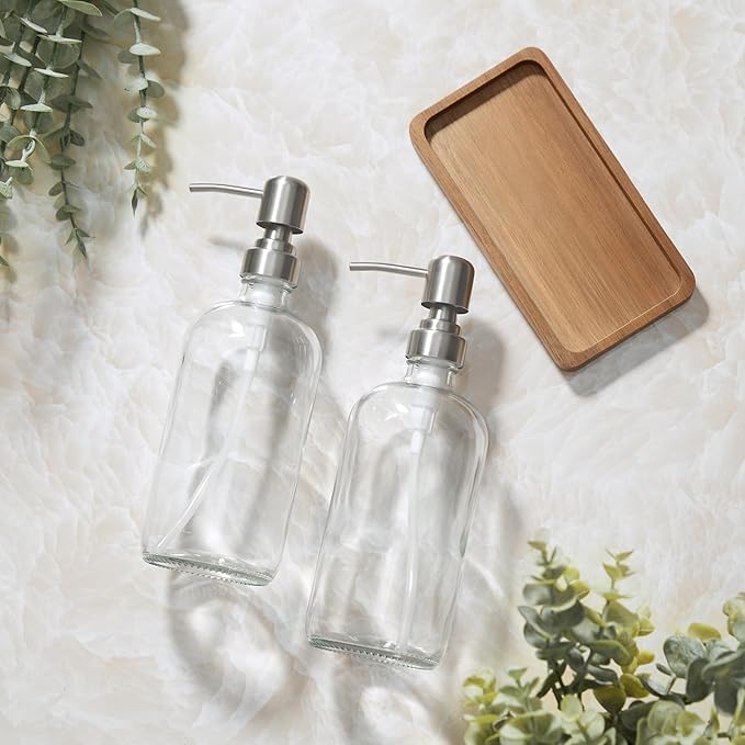 Clear Glass Soap Dispenser Set with Acacia Wood Tray, Refillable Hand Soap Pump Bottle for Kitchen, Bathroom Countertop, Modern Farmhouse Soap Dispenser Set