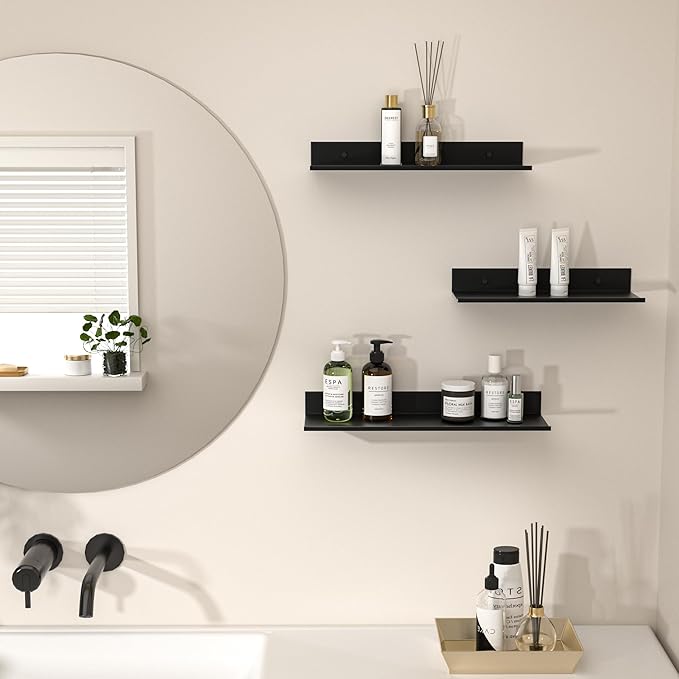 Wisfame Floating Shelves for Wall Set of 3, Black Metal Wall Shelves for Bathroom 11.8/13.8/15.7 in, Modern Small Adhesive Shelf for Living Room, Bedroom, Office, Kitchen