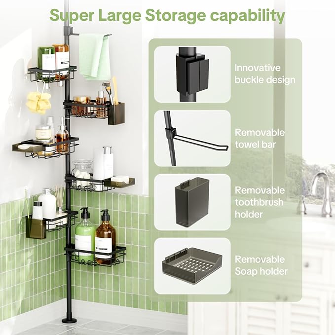 Shower Tension Rod Organizer, 6 Tier Rustproof Corner Shower Caddy Tension Pole with Soap Holder & Hooks, Adjustable 30-121 Inch Bathroom Shelf for Renters - Family Stand Storage Rack, Black