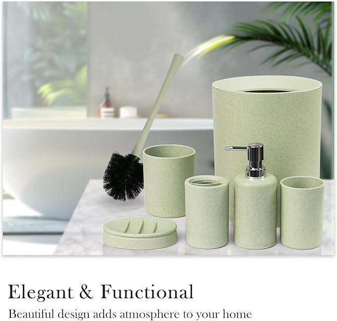 CERBIOR Bathroom Accessories Set 6 Piece Wheat Straw Bath Ensemble Includes Soap Dispenser, Toothbrush Holder, Toothbrush Cup, Soap Dish for Decorative Countertop and Housewarming Gift (Green)