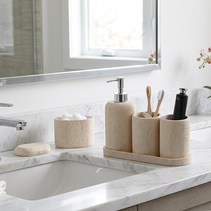 Bathroom Accessories Set, 5PCS Modern Bathroom Accessory Set with Soap Dispenser, Mouthwash Cup & Toothbrush Holder, Qtip Holder, Tray