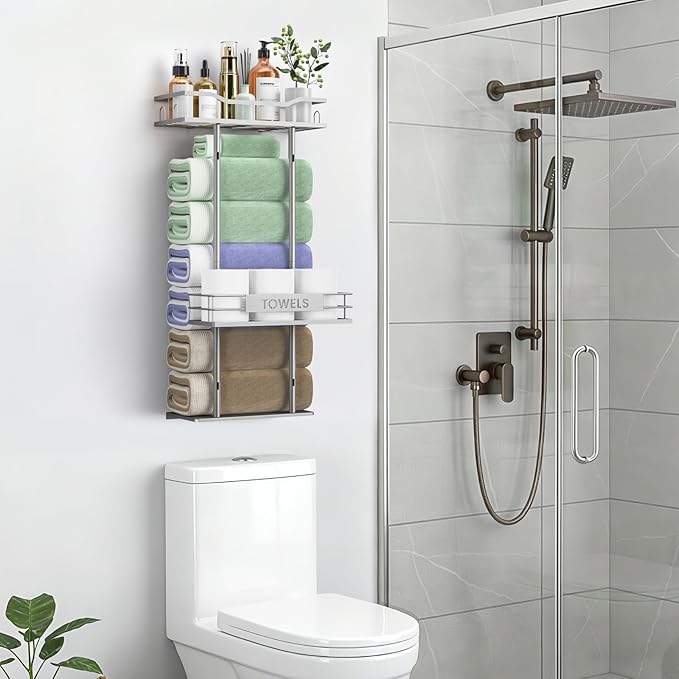 Towel Racks for Bathroom, 30inch Wall Mounted Towel Rack, Towel Storage for Small Bathroom Can Holds 6 Large Towels, Floating Shelf with Adjustable Tissue Basket(Sliver).