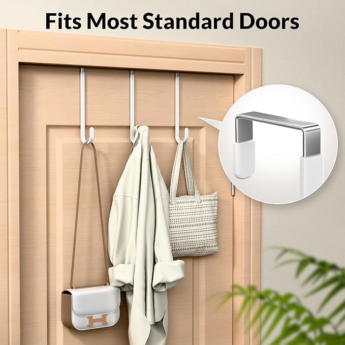 Over The Door Hooks 4 Pack, Heavy Duty Door Hanger Hooks with Non-Slip Pads, Stainless Steel Over Door Hook Organizer Holds up to 30LB Each for Towels, Coats, Bags & Hats