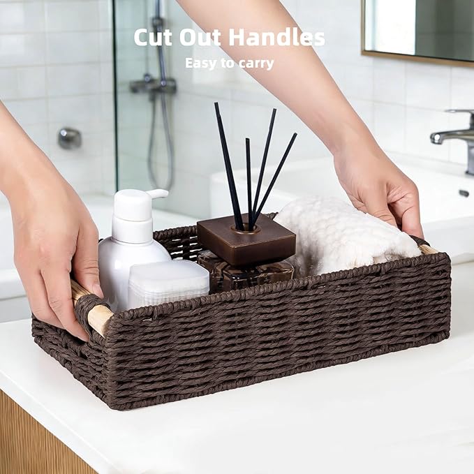 CubesLand Back of Toilet Storage Basket for Organizing w/Cut Out Handle, Handwoven Toilet Tank Top Paper Baskets, Wicker Decorative Basket for Countertop, Home Decor, Living Room, Nursery, Brown