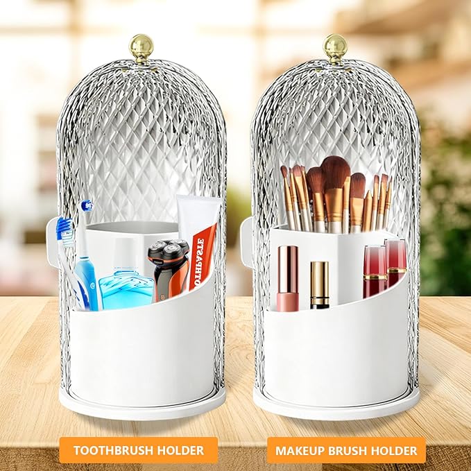 360 Rotating Makeup Brush Holder Organizer With Lid - Multifunctional Toothbrush Holder With Cover For Bathroom Countertop - Dustproof Storage For Make Up Brushes Toothbrush Toothpaste (White)