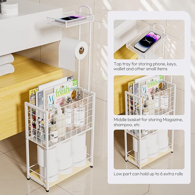 SWTYMIKI Freestanding Toilet Paper Holder - 4-Tier Free Standing Toilet Paper Holder Stand with Shelf, Bathroom Storage Rack for Extra Rolls, Magazines, Wet Wipes, Bathroom Essentials, White