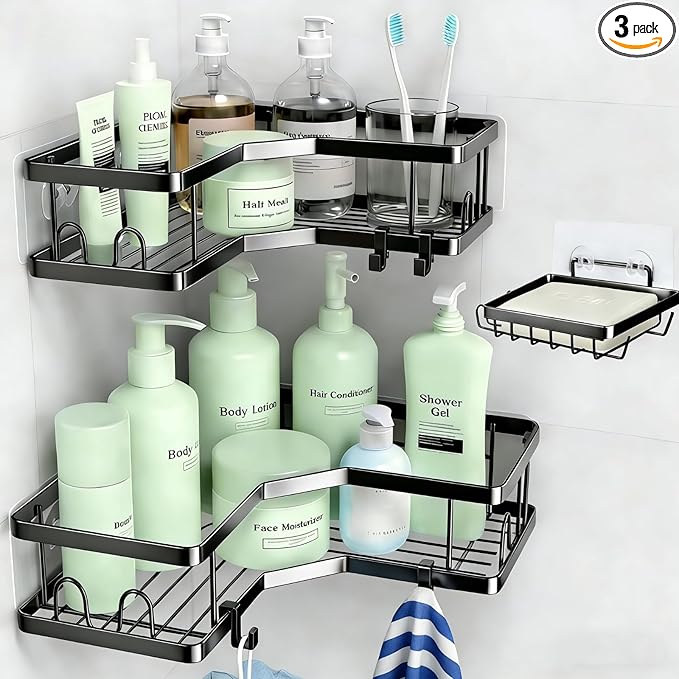 Rustproof Corner Shower Caddy 3 Pack,Stainless Steel Bathroom Storage Accessories,Durable No Drilling Shower Organiser,Adhesive Bathroom Shelves with Soap Holder Set,Black