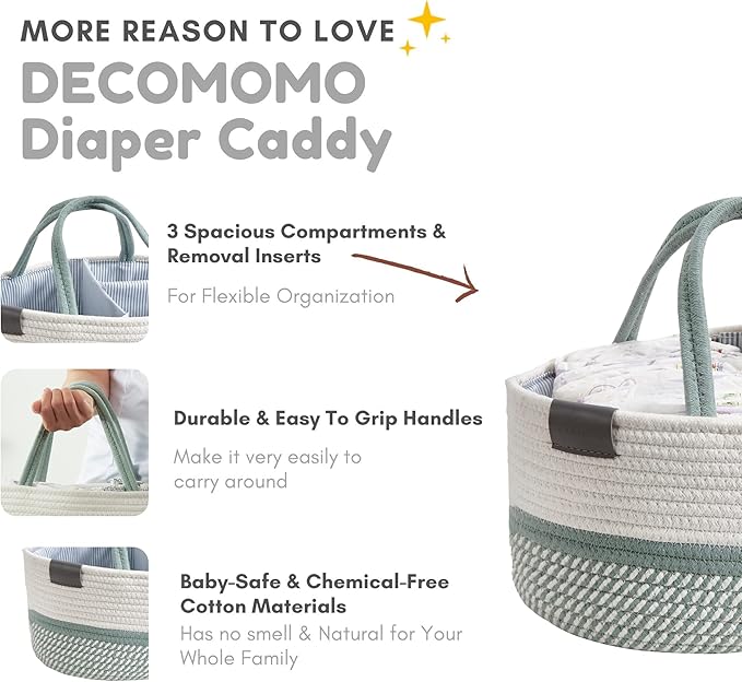 DECOMOMO Baby Caddy Organizer, Mother's Day Diaper Caddy Basket, Baby Baskets for Baby Shower (Sage Green & White, Large)