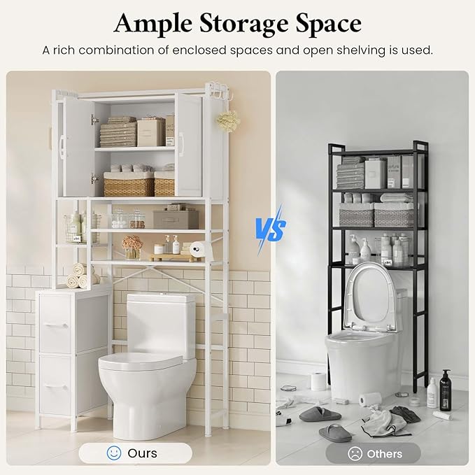 7-Tier Over the Toilet Storage Cabinet with 2 Large Drawers & 6 Hooks, Over the Toilet Storage with Toilet Paper Holder, Bathroom Over Toilet Storage for Bathroom, Laundry Room, White