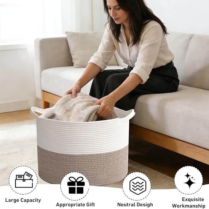 115L Extra Large Blanket Basket,Woven Rope Laundry Basket Hamper with Handles, Decorative Nursery Basket Storage Bin for Toys, Clothes Organizer, Living Room, Bedroom, Bathroom, White & Brown