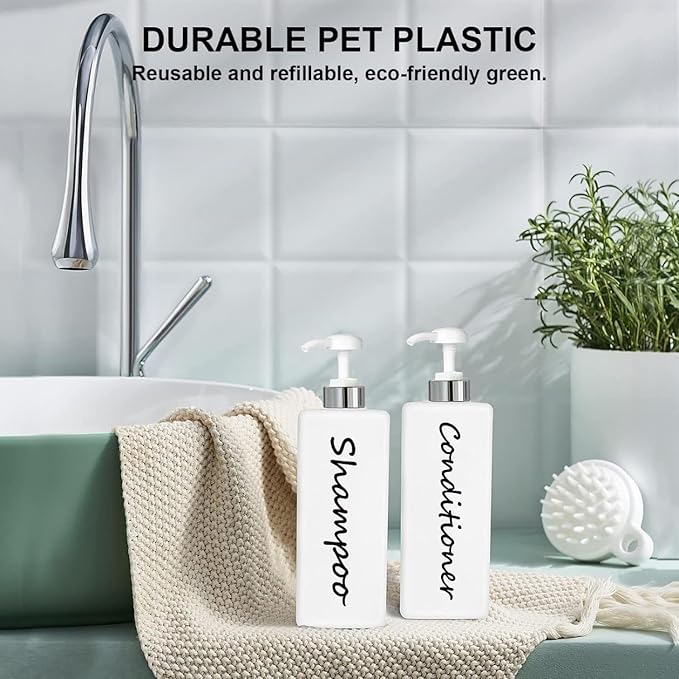 21oz Shampoo and Conditioner Dispenser (Set of 3) Modern Refillable Shampoo Pump Bottles for Shower Soap - Empty Shampoo Conditioner Body Wash Dispenser Set - Stylish Permanent Labels - for Bathroom