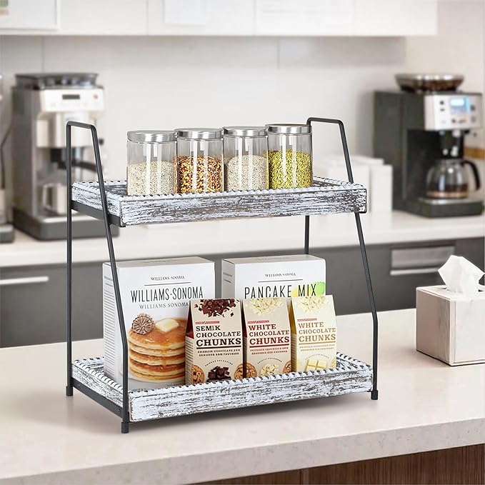 Gurfuy Bathroom Vanity Organizer 2-Tier Wood Countertop Storage Counter Shelf for Makeup Skincare Perfume Jewelry Tray Spice Rack White