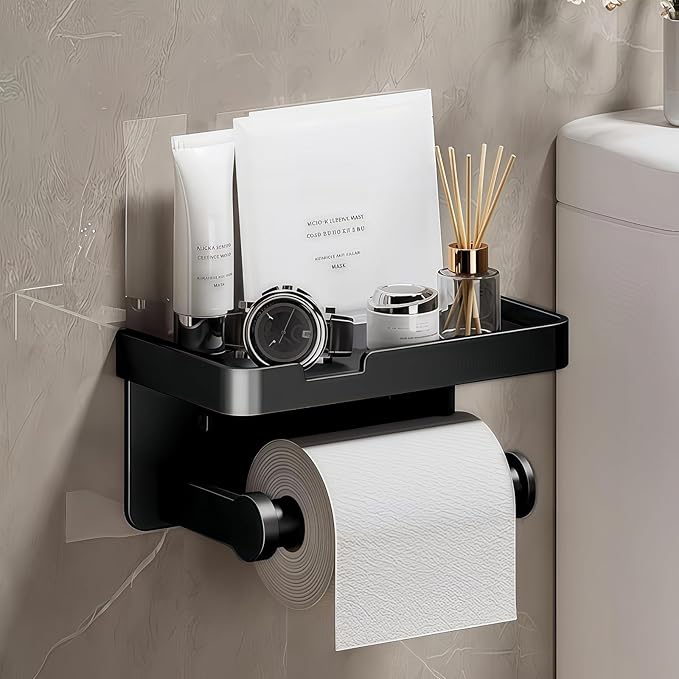 Adhesive Toilet Paper Holder and 2 Metal Hooks Combo - Rustproof Aluminum with Extra Adhesive Pads for Easy Replacement of Positions,Matte Black Toilet Paper Holder with Shelf(Wall Mount)