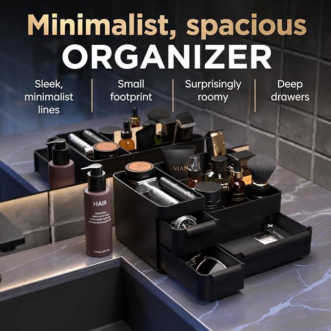 Mens Cologne Organizer with 3 Drawers & 7 Top Compartments: Men's Vanity Organizer, Perfume Stand & Cologne Shelf - Bathroom Countertop Storage for Shaving Kit, Skincare, Gifts for Men