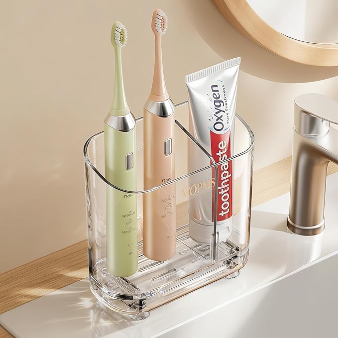 Toothbrush Holders with Drainage for Bathroom Countertop Organizer, 2 Slots Electric Toothbrush Holder Wall-Mount with Divider for Easy Clean, Tooth Brush and Toothpaste Holder for Bathroom Kitchen