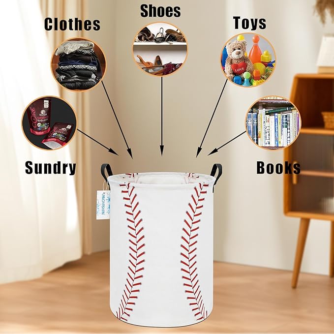 Laundry Basket Canvas Fabric Collapsible Organizer Basket for Storage Bin Toy Bins Gift Baskets Bedroom Clothes Children Nursery Hamper (Baseball)